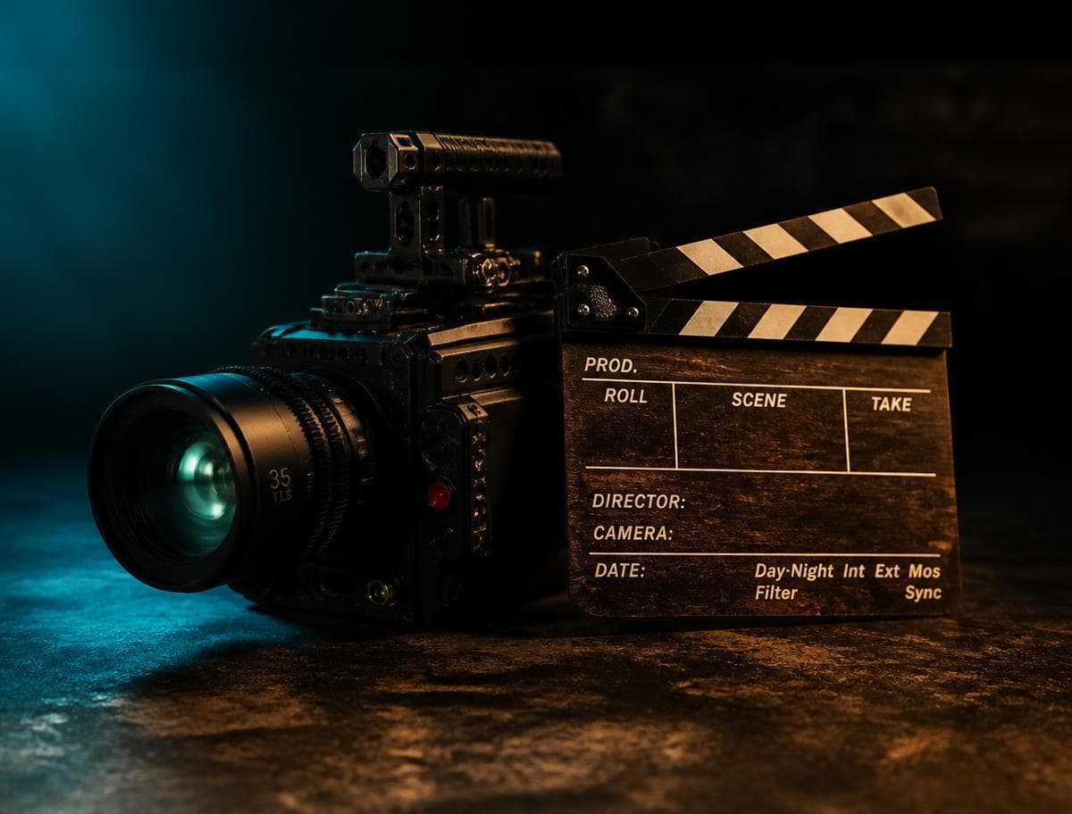 كاميرا سينمائية ولوح تصوير على موقع تصوير معتم